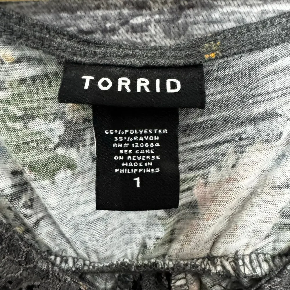 TORRID Gray Floral Sleeveless Lace Inset Split Back‎ Tank Women Size 1 (1x) - Picture 3 of 10